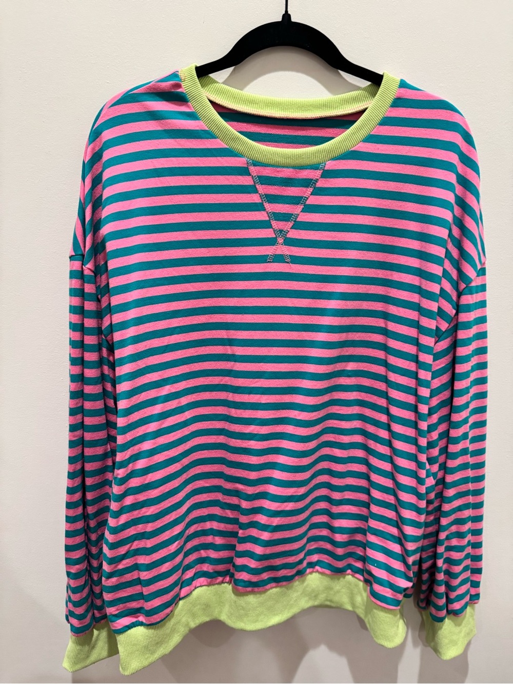 Women’s Striped Long-Sleeve Top in Pink & Teal with Lime Trim